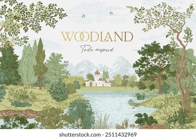 Card. Woodland. Vector vintage illustration. NOT AI generated