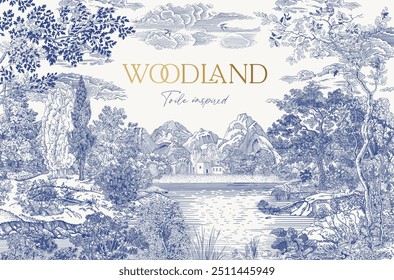 Card. Woodland. Vector vintage illustration. Blue and white. NOT AI generated