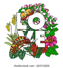 Card with word "love" and tropical birds and plants. Vector illustration.