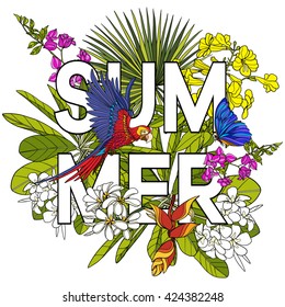 Card with word summer and tropical birds and plants. Vector illustration.
