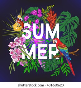 Card with word "summer" and tropical birds and plants. Vector illustration.