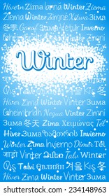 Card with word "Winter" in the languages of the countries with a snowy winter