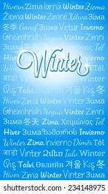 Card with word "Winter" in the languages of the countries with a snowy winter
