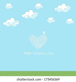 Card with the words "Happy Valentine's Day." Sky, clouds, bird.