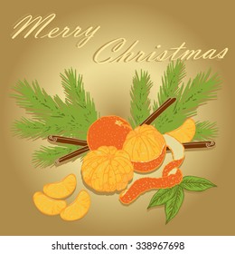 card with the words Merry Christmas with fir branches tangerines cinnamon and tangerine slices
