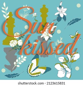 Card with words Sun-kissed and flowers and chess on the blue background