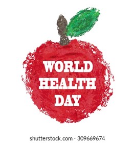 Card for World Health Day with Drawing a red apple
