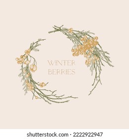 Card with a wreath with berries and branches. Green branches with golden berries. Vector botanical illustration.