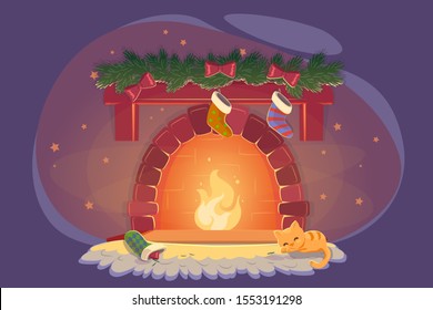 Card with xmas fireplace and sleeping cat for celebration decoration design. Playful kitty near christmas fire with socks. New year Cozy winter room, eve noel night flat vector illustration.