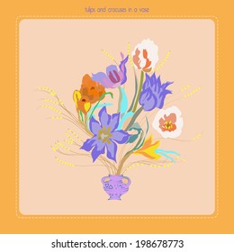Card with yellow crocuses and blue tulips in a rounded rectangle and text.