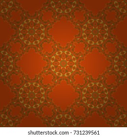 Card with yellow, orange and brown circular ornament. Vector round seamless pattern with abstract Mandalas. Pattern for the greeting card or invitation, template frame design for card.