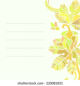 Card with yellow ornament based oh hops flowers and leaves