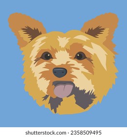 Card with Yorkshire terrier's face on blue background. Vector illustration. 