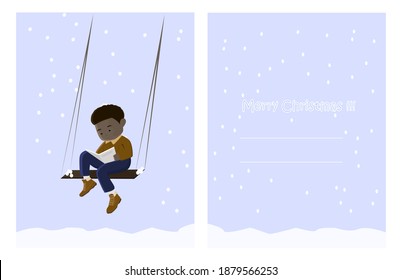 card with a young guy reads a book in a winter evening on a swing, card for a distant friend