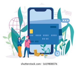 Card in your online wallet. Budget management concept. Money transfer to e-wallet concept, financial savings and online payment Vector illustration for web banner, infographics, mobile