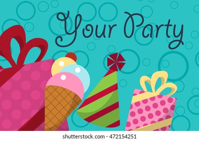 card your party with gifts, balloons, ice cream and hat for your design. Vector illustration
