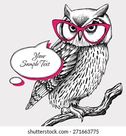 Card for your text with image of an owl with glasses. Vector illustration.