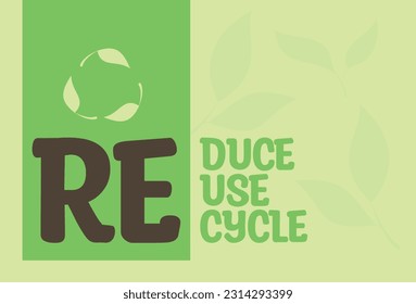 Card with zero waste awareness concept: reduce, reuse and recycle.
Template decorated with foliage and a recycling symbol in the shape of leaves.