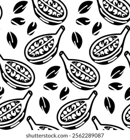 Cardamom pattern. Half, seeds. Aromatic camphor spice, silhouette of seamless, repeating vector on white, cardamom pods. Oriental traditional medicine, food products. Spices, seasonings for Christmas