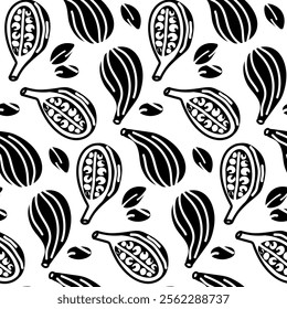 Cardamom pattern. Whole, half, seeds. Aromatic camphor spice, silhouette of a seamless, repeating vector on white, cardamom pods. Oriental traditional food products. Spices, seasonings