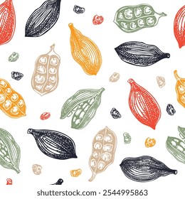Cardamomo sin patrón. Bocetos de especias de cocina. Fondo de hierbas indias. Ilustración vectorial dibujada a mano. NO se ha generado IA