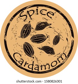 Cardamom spice view icon vector round shabby emblem design, old retro style. Cardamom seeds spicy ingredient logo mail stamp on craft paper. Cooking and baking ingredient vintage grunge sign. 