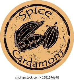 Cardamom spice view icon vector round shabby emblem design, old retro style. Cardamom seeds spicy ingredient logo mail stamp on craft paper. Cooking and baking ingredient vintage grunge sign. 