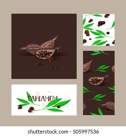 Cardamom and tea leaves. Set of vector templates for the packaging of tea and spice. The design element of wrapping paper, fabric.