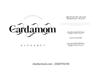 Cardamom typography beauty fashion elegant minimalist serif italic fonts decorative wedding vintage retro logos. Minimal luxury font alphabet logo. Vector illustration