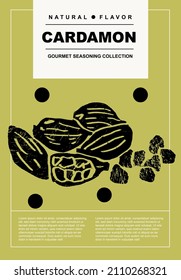 Cardamon. Set of posters of spices, herbs, organic product in a abstract draw design. Label or poster for food preparing and culinary. Simple, flat design. For poster, cover, banner.
