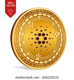 Cardano. 3D isometric Physical coin. Digital currency. Cryptocurrency. Golden coin with Cardano symbol isolated on white background. Vector illustration.