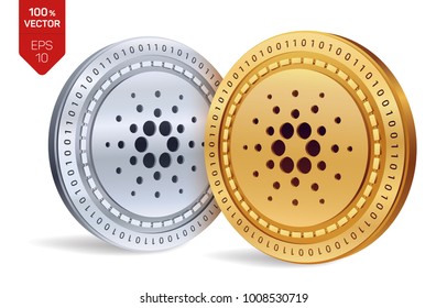 Cardano. 3D isometric Physical coins. Digital currency. Cryptocurrency. Golden and silver coins with cardano symbol isolated on white background. Vector illustration