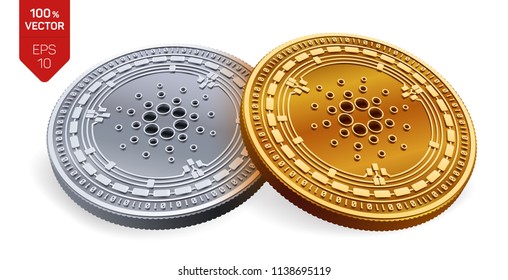 Cardano. Accepted sign emblem. Crypto currency. Golden and silver coins with Cardano symbol isolated on white background. 3D isometric Physical coins with text Accepted Here. Vector illustration.