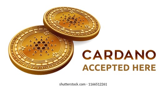 Cardano. Accepted sign emblem. Crypto currency. Golden coins with Cardano symbol isolated on white background. 3D isometric Physical coins with text Accepted Here. Vector illustration.