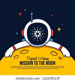 Cardano ADA Astronaut hugging the Moon cartoon background, Mission to the moon background, Cryptocurrency mining and financial concept