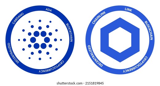 Cardano ADA and ChainLink LINK crypto logos. Cryptocurrency symbol set vector illustration template