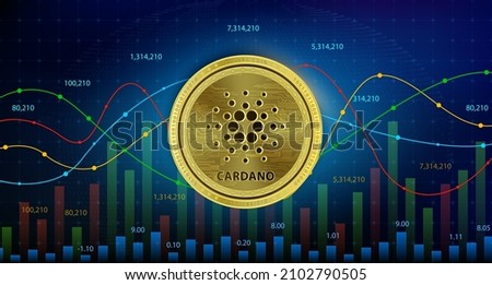 Cardano (ADA) coin cryptocurrency blockchain Future digital currency replacement technology. alternative currency, Silver golden stock chart, numbers up down in background. 3D Vector illustration. 