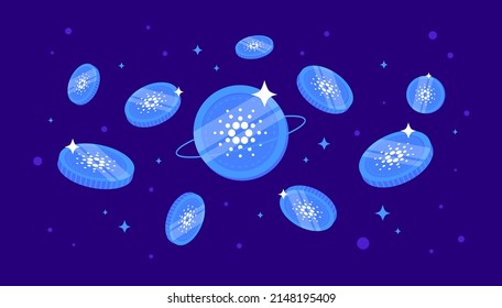 Cardano (ADA) coins falling from the sky. ADA cryptocurrency concept banner background.