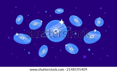 Cardano (ADA) coins falling from the sky. ADA cryptocurrency concept banner background.