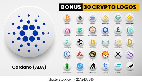 Cardano ADA crypto logo symbols of cryptocurrency. Set of Bitcoin, Ethereum, Solana, Binance Coin, Binance USD, litecoin,avalanche, chainlink, maker, dogecoin, USD Coin, Shiba Inu, Polygon, and Helium