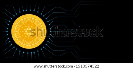 Cardano (ADA) cryptocurrency coin symbol. Blockchain technology. Golden Cardano coin on black circuit board background. Vector illustration