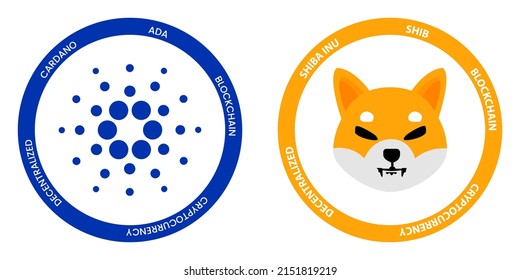 Cardano ADA y Shiba Inu SHIB logos de criptografía. Plantilla de ilustración de vector de conjunto de símbolos de criptodivisa