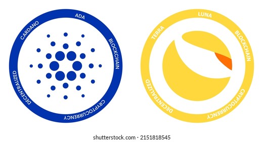 Cardano ADA and Terra LUNA crypto logos. Cryptocurrency symbol set vector illustration template