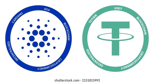 Cardano ADA and Tether USDT crypto logos. Cryptocurrency symbol set vector illustration template