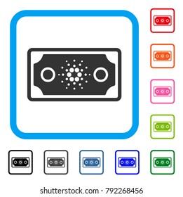 Cardano Bank Note icon. Flat grey iconic symbol in a blue rounded rectangular frame. Black, gray, green, blue, red, orange color additional versions of cardano bank note vector.