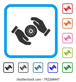 Cardano Care Hands icon. Flat grey iconic symbol in a blue rounded squared frame. Black, gray, green, blue, red, pink color additional versions of cardano care hands vector.