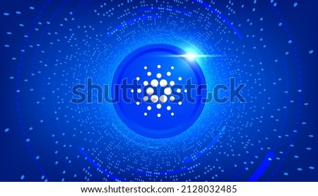 Cardano coin with crypto currency themed banner. Cardano or ADA icon on modern neon color background.