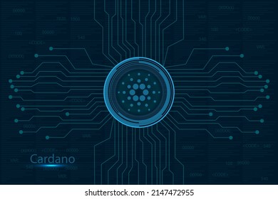 Cardano-Münzsymbol mit Lichter und Wireframe-Schaltung. Modernes Neon-Farblogo oder Icon für Kryptomünzen-Austausch. Kryptowährung-Blockchain-Technologie, digitale Innovation oder Handelsaustausch.