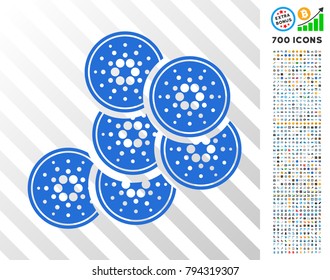 Cardano Coins icon with 7 hundred bonus bitcoin mining and blockchain symbols. Vector illustration style is flat iconic symbols design for bitcoin software.