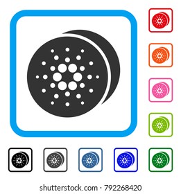 Cardano Coins icon. Flat grey pictogram symbol inside a blue rounded rectangle. Black, gray, green, blue, red, pink color variants of cardano coins vector. Designed for web and app user interface.